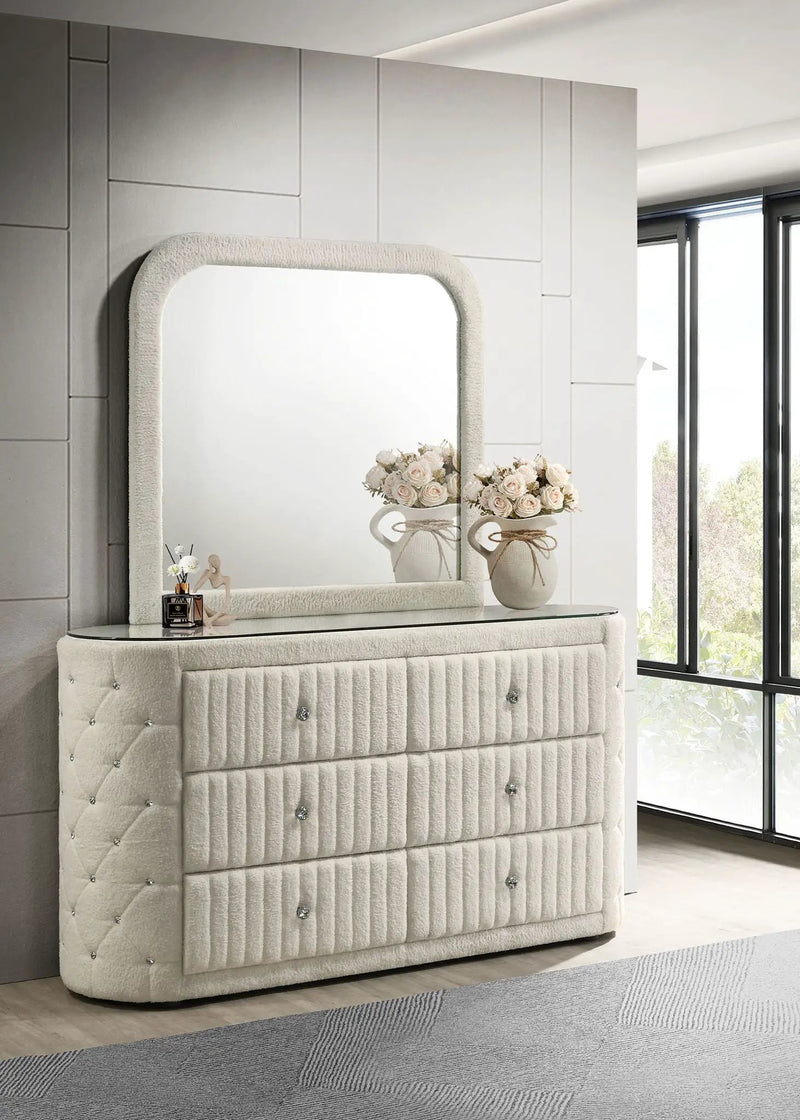 Sonya 6-drawer Upholstered Bedroom Dresser with Mirror Ivory by Unique Piece Furniture