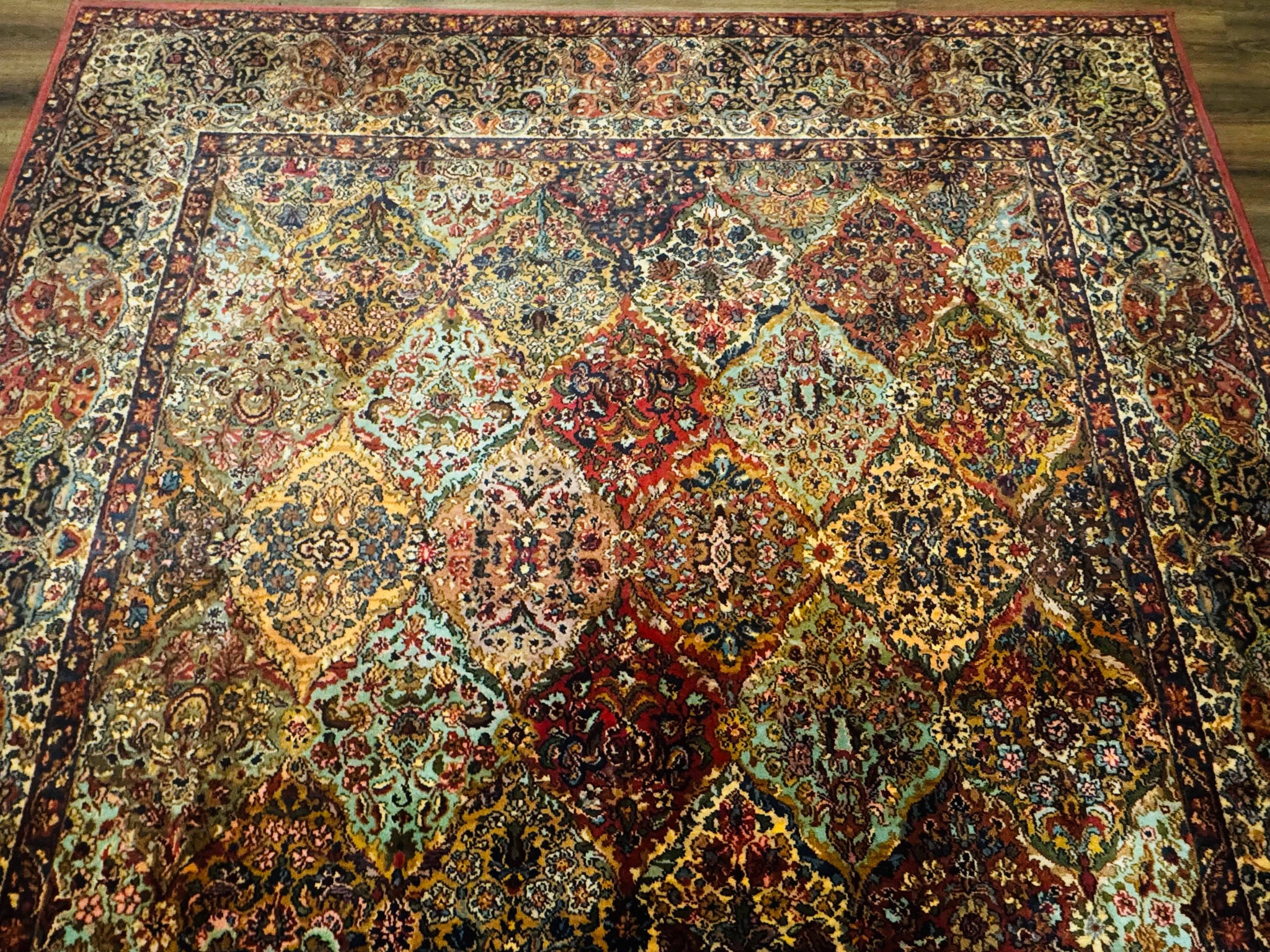 Square Karastan Multicolor Panel Kirman Rug #717, Rare Size 8.8 x 8.8, Original 700 Series, Wool by Jewel Rugs