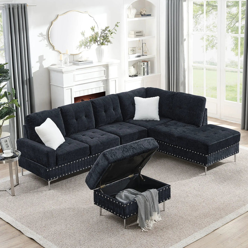 L-Shaped Sectional Sofa With Chaise And Storage Ottoman, Includes 2 Pillows by Unique Piece Furniture
