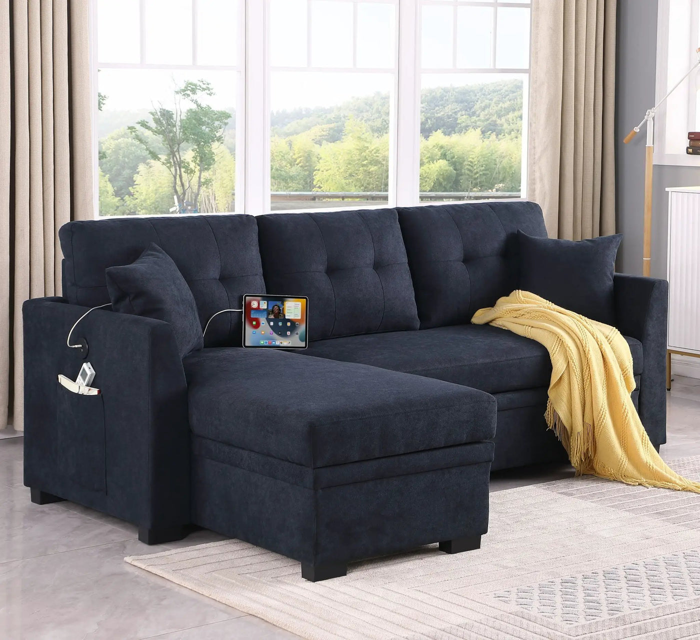 Sectional Sofa Bed L Shaped Sofa Couch Bed With USB Port, Reversible Chaise With Storage by HouseOfZazla