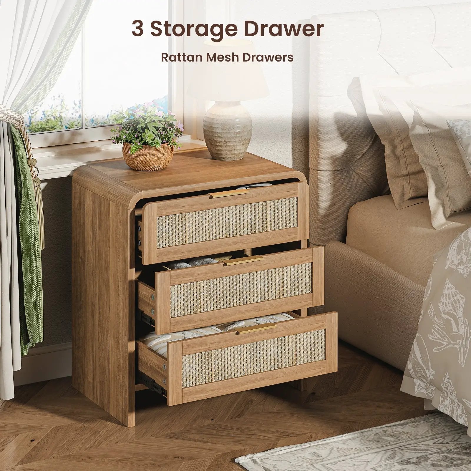 Rattan Nightstand Set of 2 with 3 Drawers in Caramel Oak by HouseOfZazla