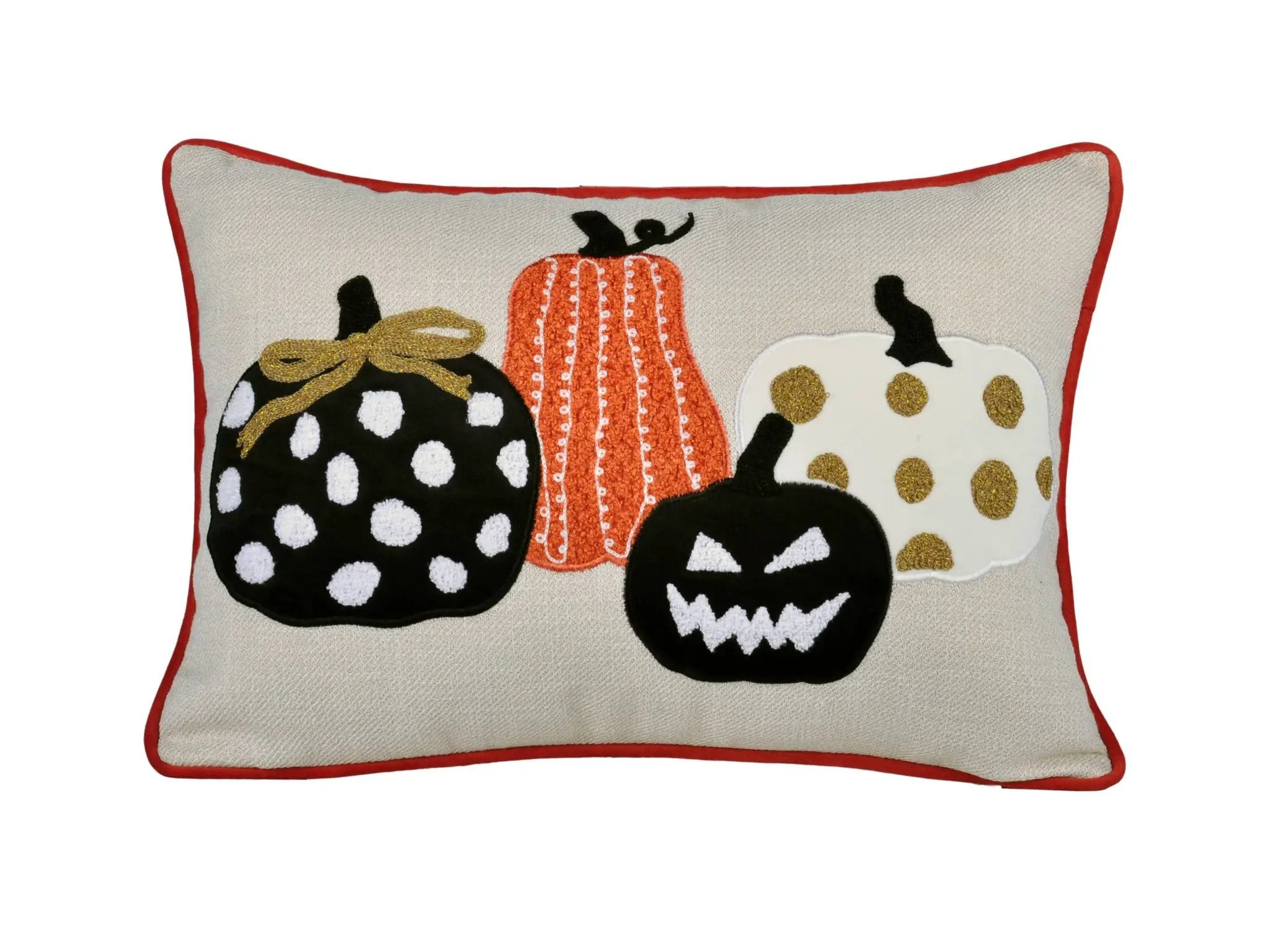 Embroidered Halloween Pumpkin Pillow – Spooky Polka Dot Linen Throw Accent by HouseOfZazla