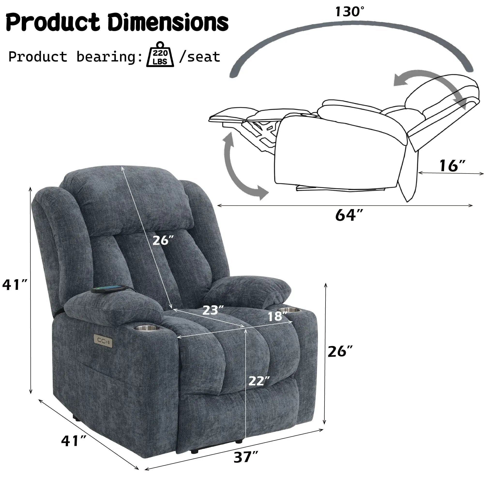 Power Motion Recliner With Lift Heating Massage Function - Blue by Unique Piece Furniture