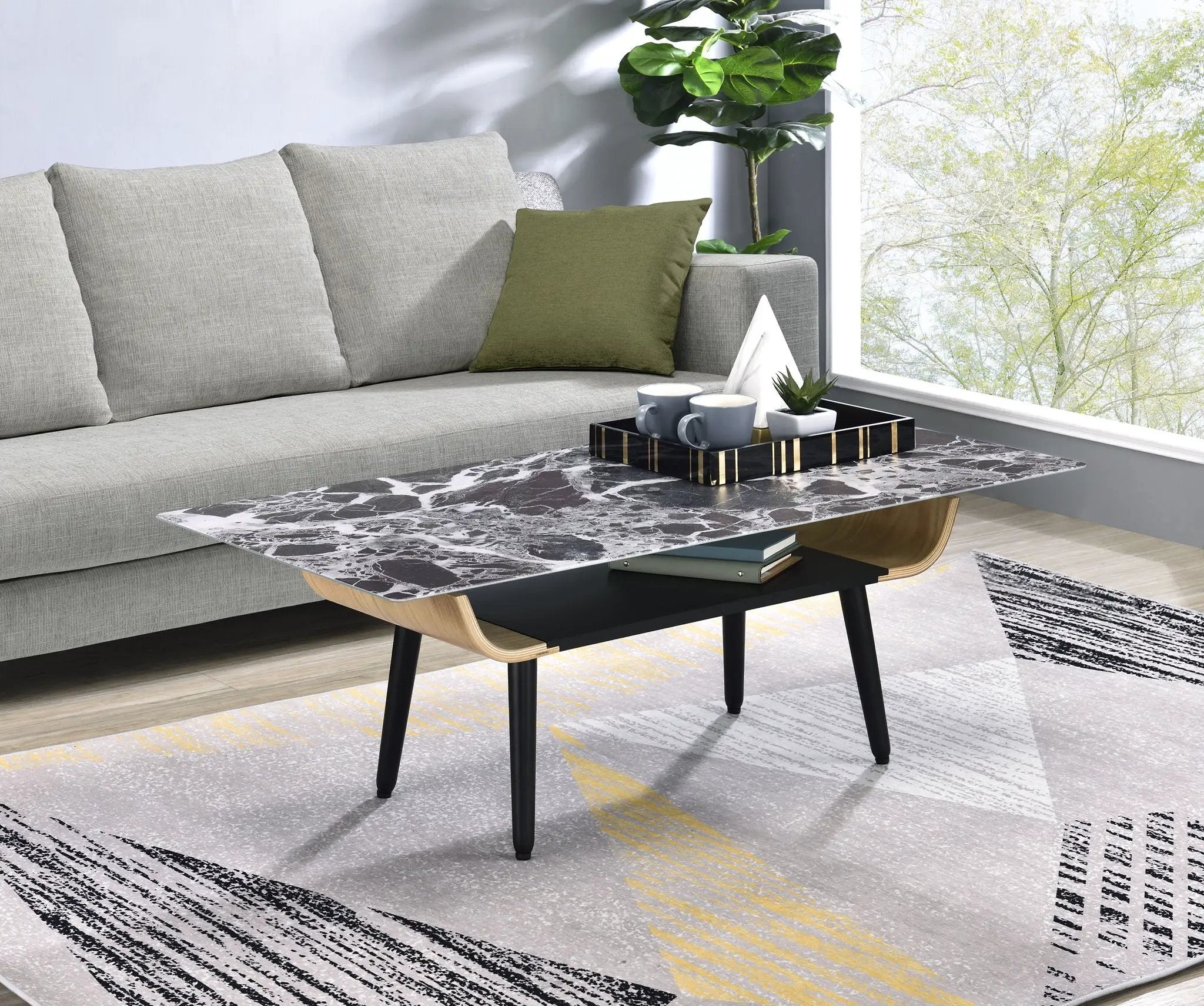Landon - Coffee Table With Glass Marble Texture Top And Bent Wood Design by Unique Piece Furniture