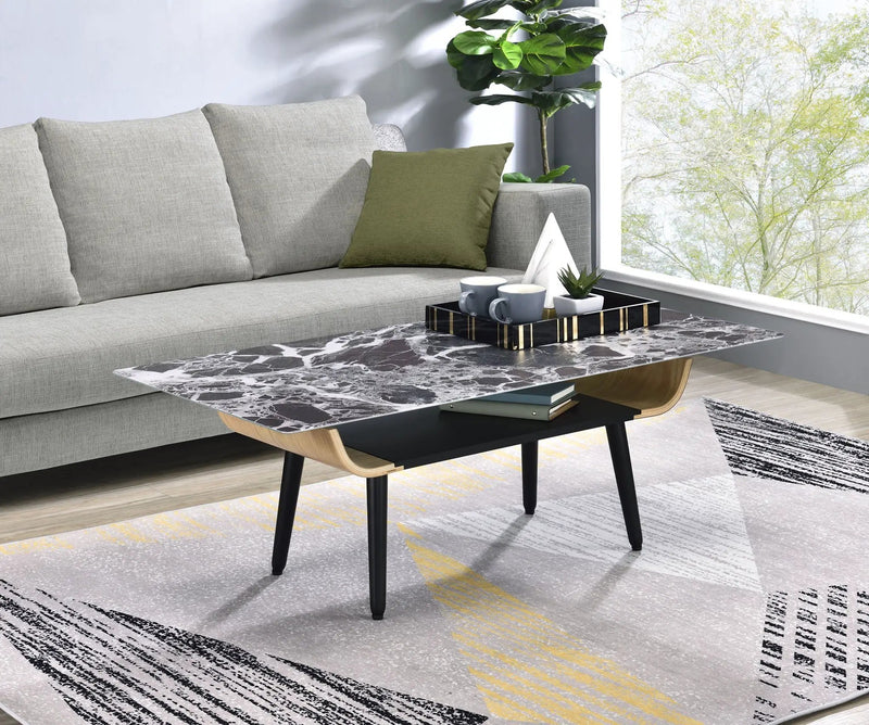 Landon - Coffee Table With Glass Marble Texture Top And Bent Wood Design by Unique Piece Furniture