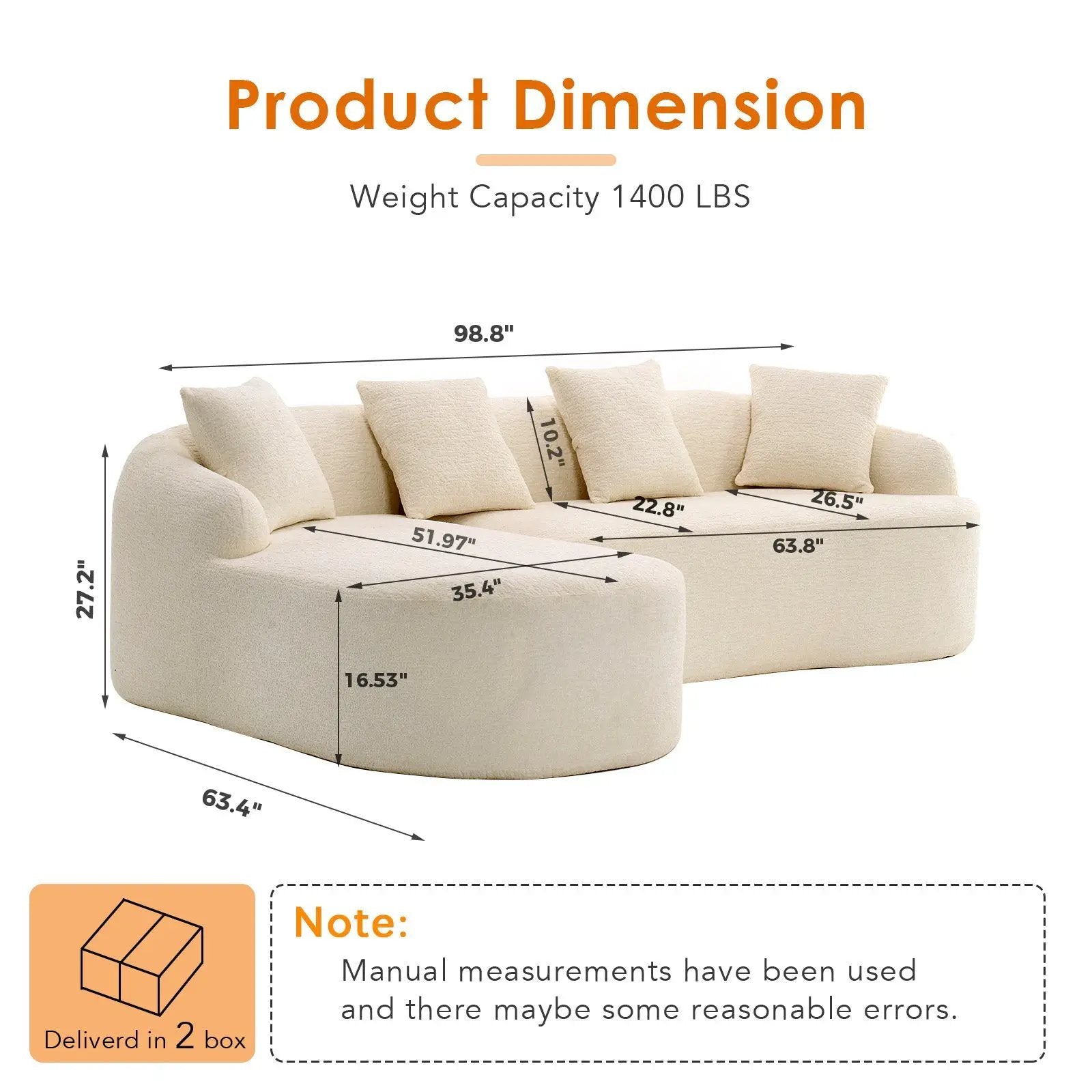 Boneless L-Shape Sectional Sofa with Curved Chaise by HouseOfZazla