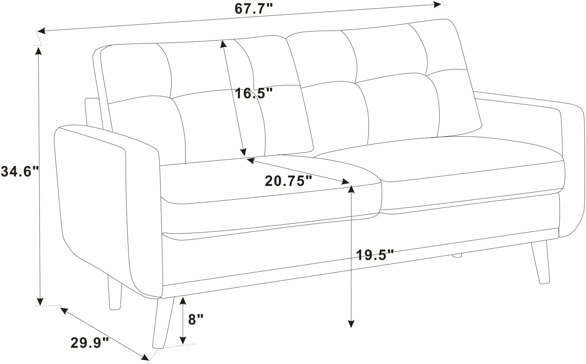 67.7" Wide Mid-Century Modern Upholstered Tufted Loveseat Sofa With Wooden Legs by HouseOfZazla