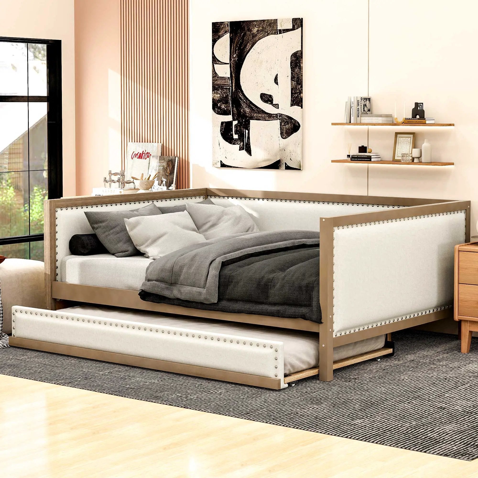 Full Size Daybed With Trundle And Nailhead Decoration - Wood by Unique Piece Furniture