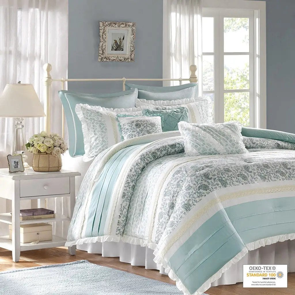 9 Piece Cotton Percale Comforter Set Aqua by HouseOfZazla