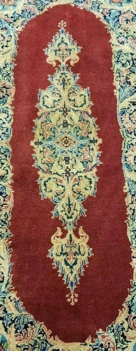Small Persian Kirman Rug 2x4, Wool Oriental Vintage Handmade Carpet, Hand Knotted Floral Medallion, Red & Beige, Semi Open Field by Jewel Rugs
