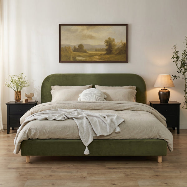 California King Size Upholstered Bed Frame With Velvet Fabric And Curve Design Thick Headboard, Solid Wood Legs, Olive