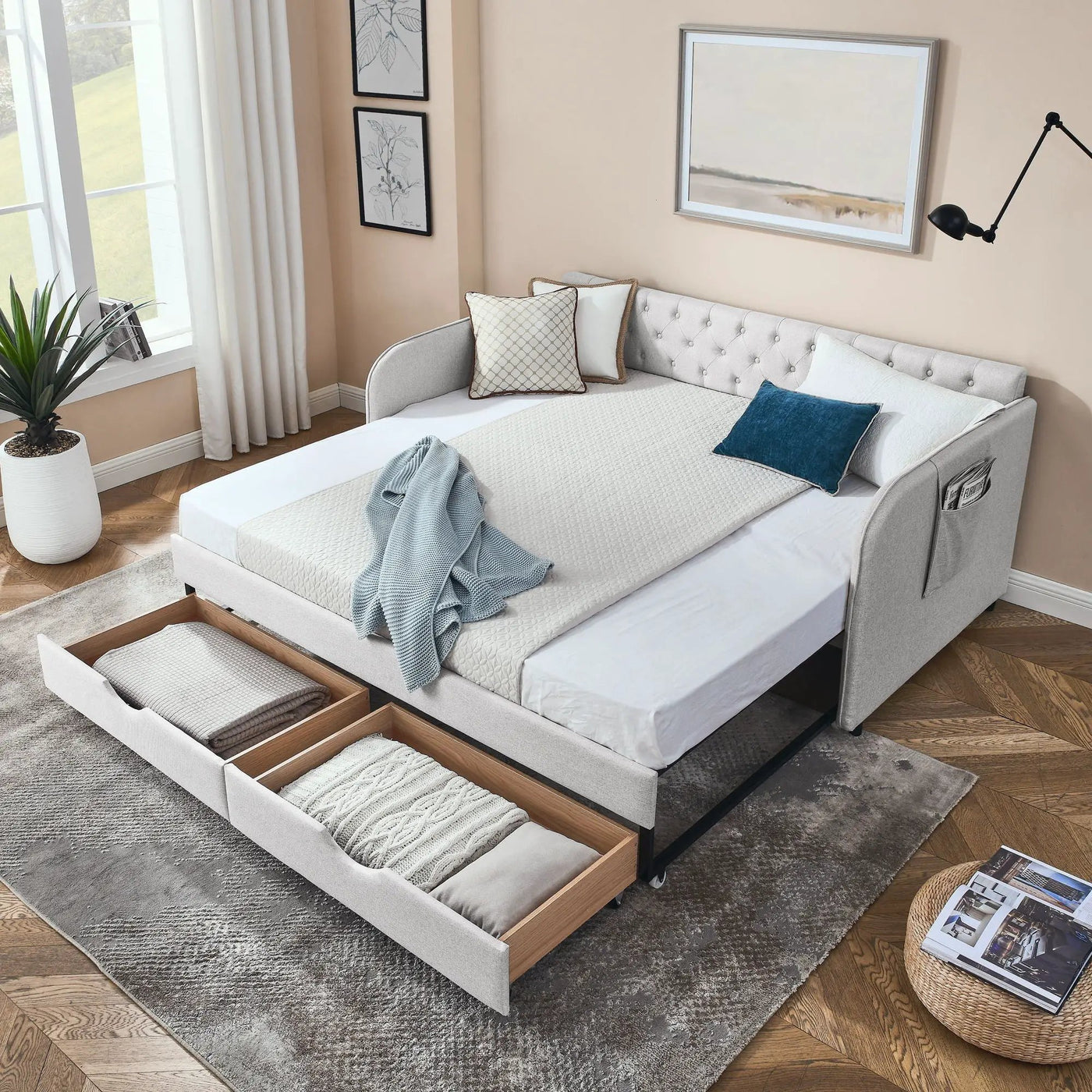 Daybed With Trundle And Storage Drawers, Flat Arms With Pocket by HouseOfZazla