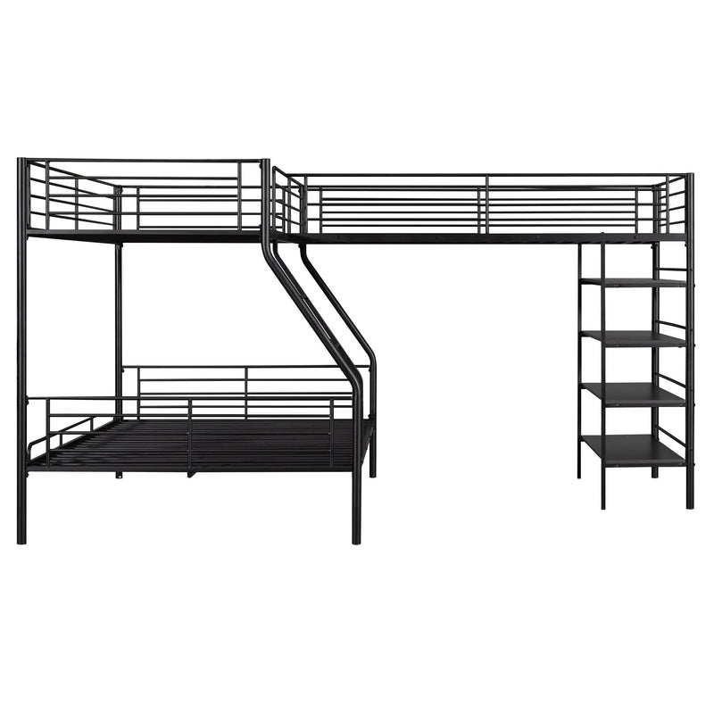L-Shaped Twin Over Full Bunk Bed And Twin Loft Bed With 4 Built In Shelves - Black by HouseOfZazla