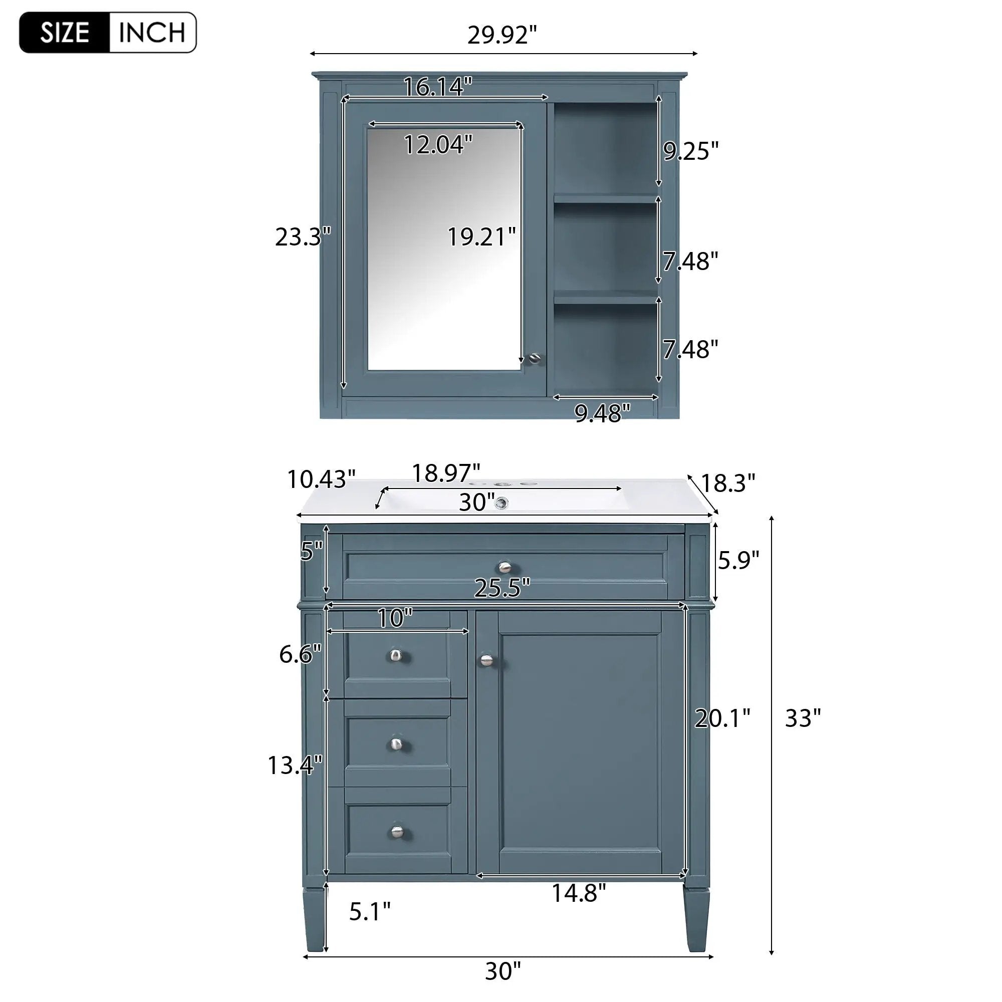 Bathroom Vanity With Medicine Cabinet, Royal Mirror Cabinet, Modern Bathroom Storage Cabinet With 2 Soft Closing Doors And 4 Drawers by HouseOfZazla
