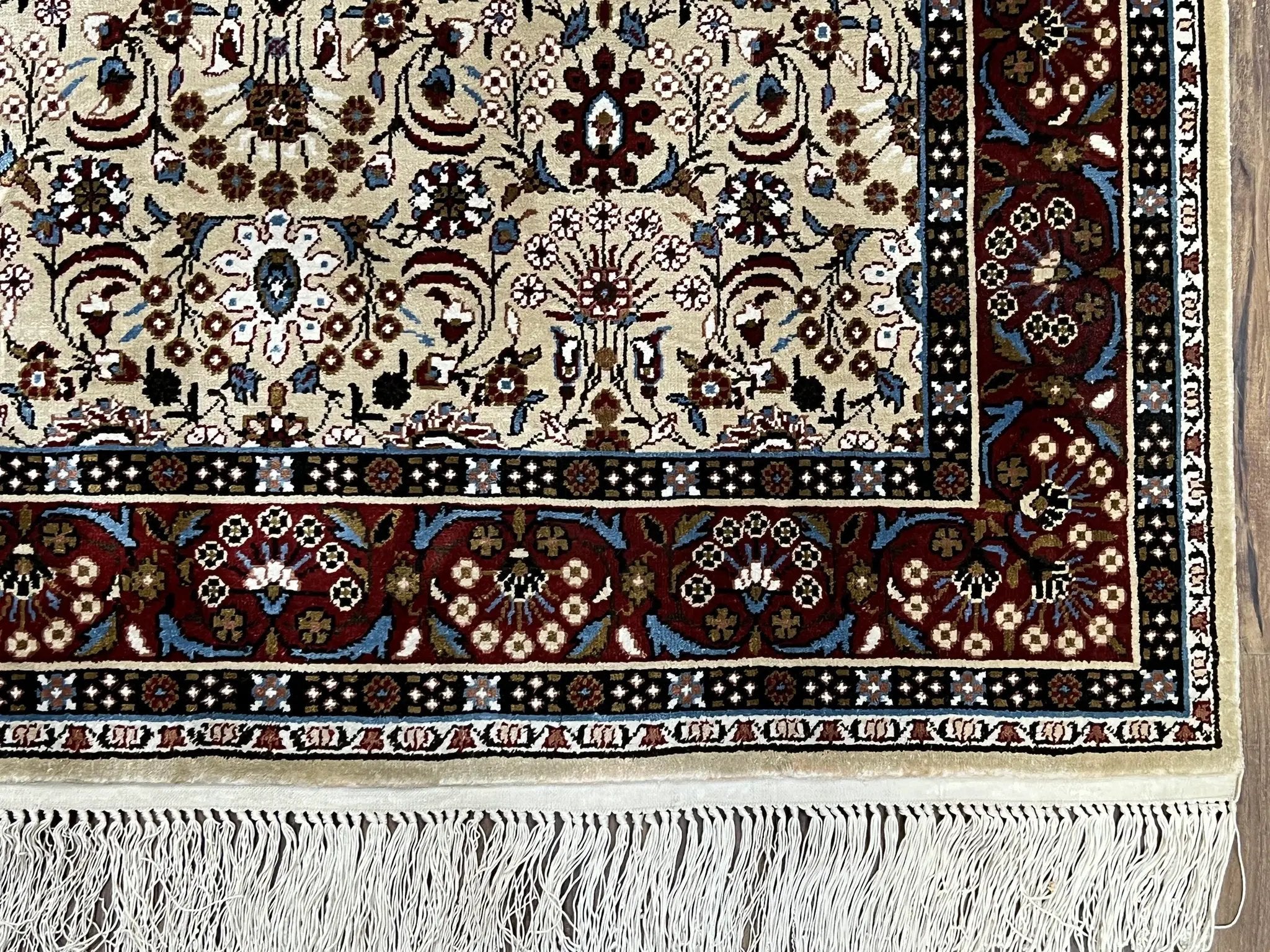 Fine Sino-Persian Silk Rug 3x5, High Quality Silk Carpet, Handmade Small Silk Rug, Allover Repeated Motif, Tan Maroon Blue Vintage Silk Rug by Jewel Rugs