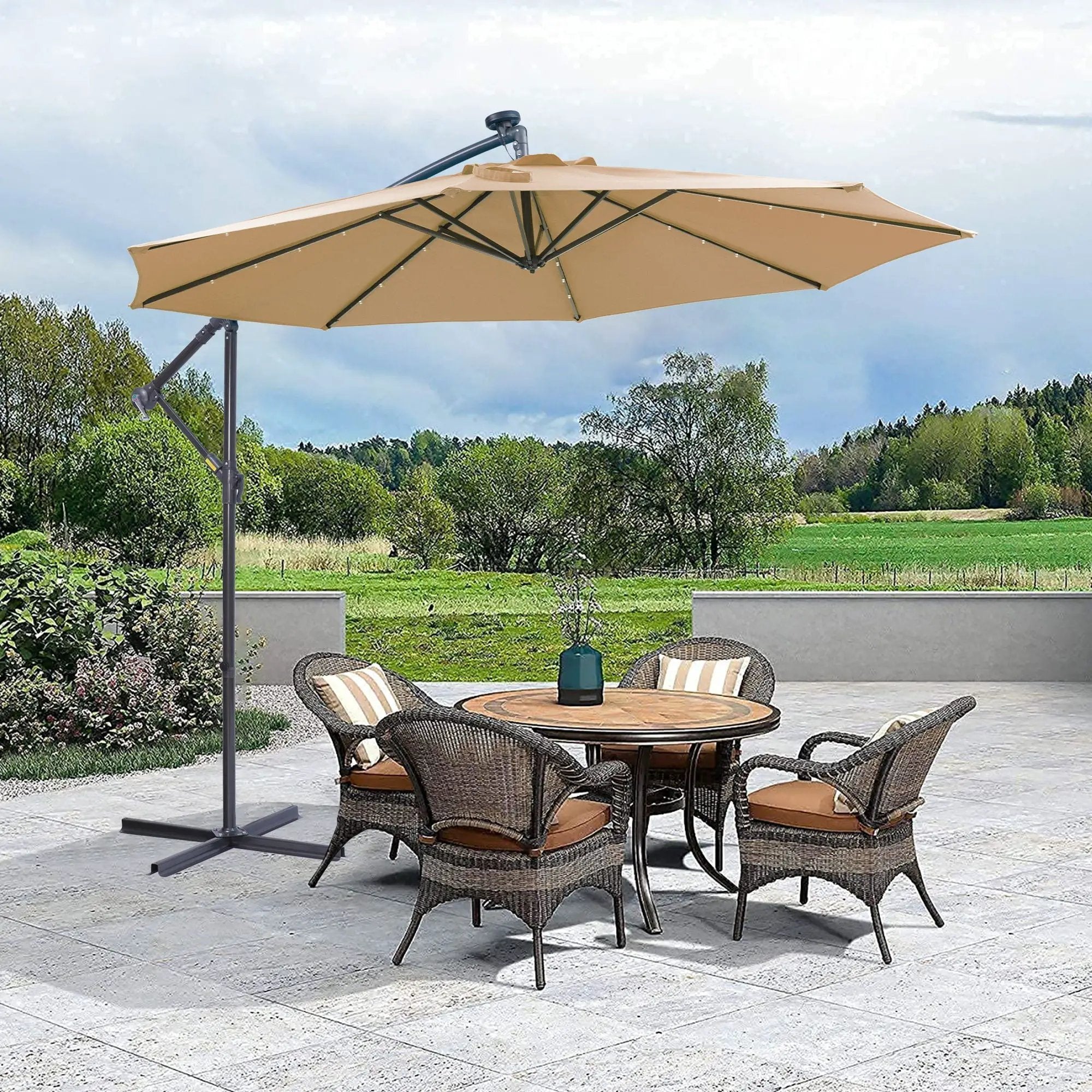 Outdoor Cantilever Patio Umbrella With 32 LED Lights 10 Ft Hanging Design Easy Open Adjustment Metal Frame - Taupe by Unique Piece Furniture