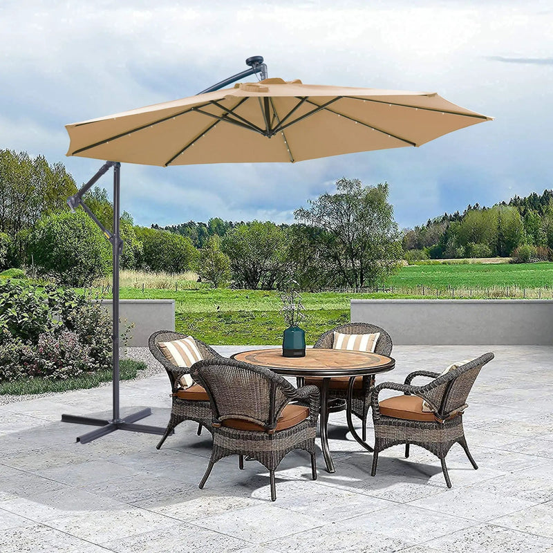 Outdoor Cantilever Patio Umbrella With 32 LED Lights 10 Ft Hanging Design Easy Open Adjustment Metal Frame - Taupe by Unique Piece Furniture