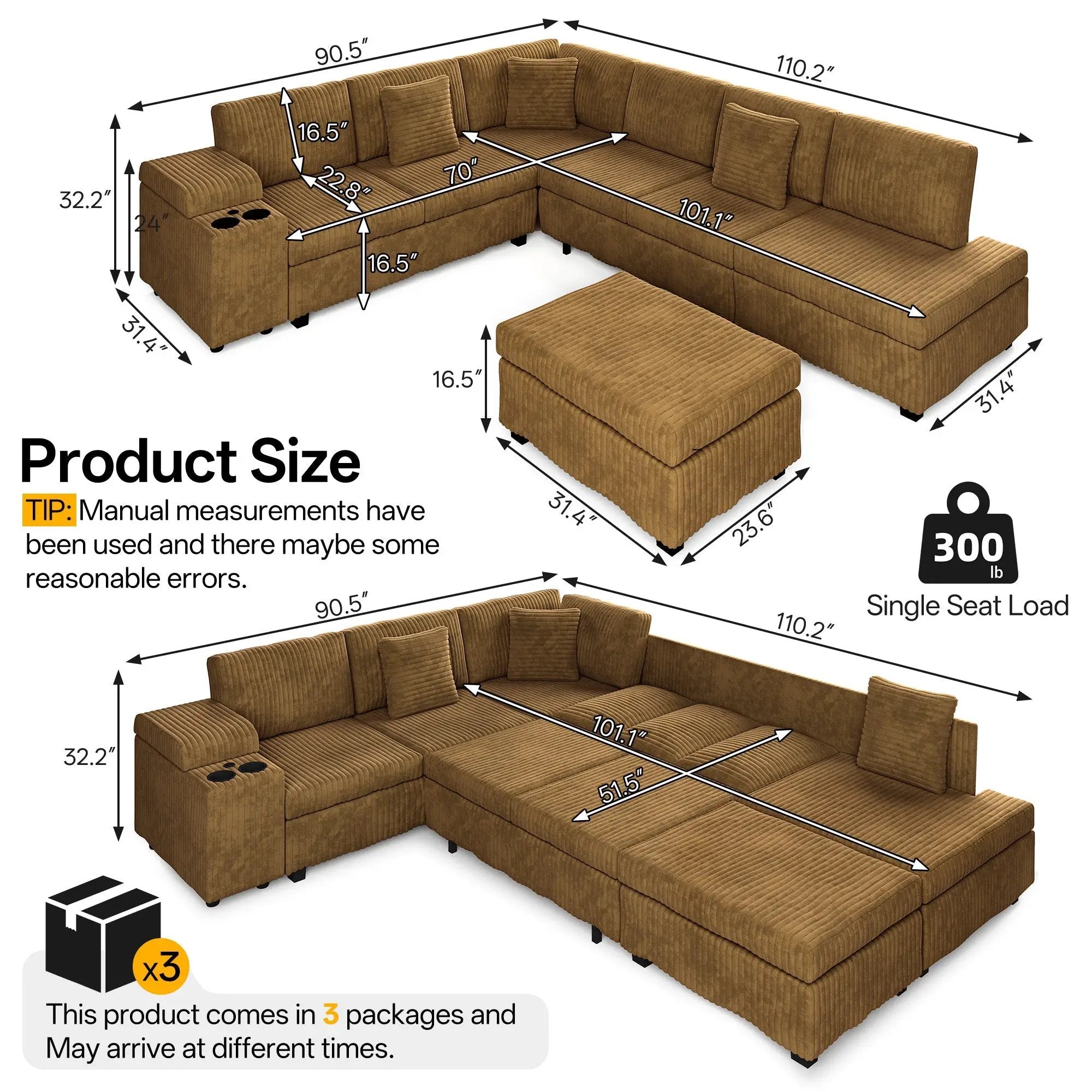 110.2" L-Shaped Sectional Sofa Set with Removable Ottoman in Camel by HouseOfZazla