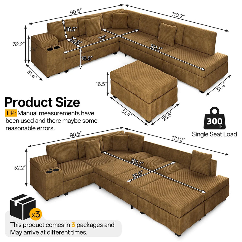 110.2" L-Shaped Sectional Sofa Set with Removable Ottoman in Camel by HouseOfZazla