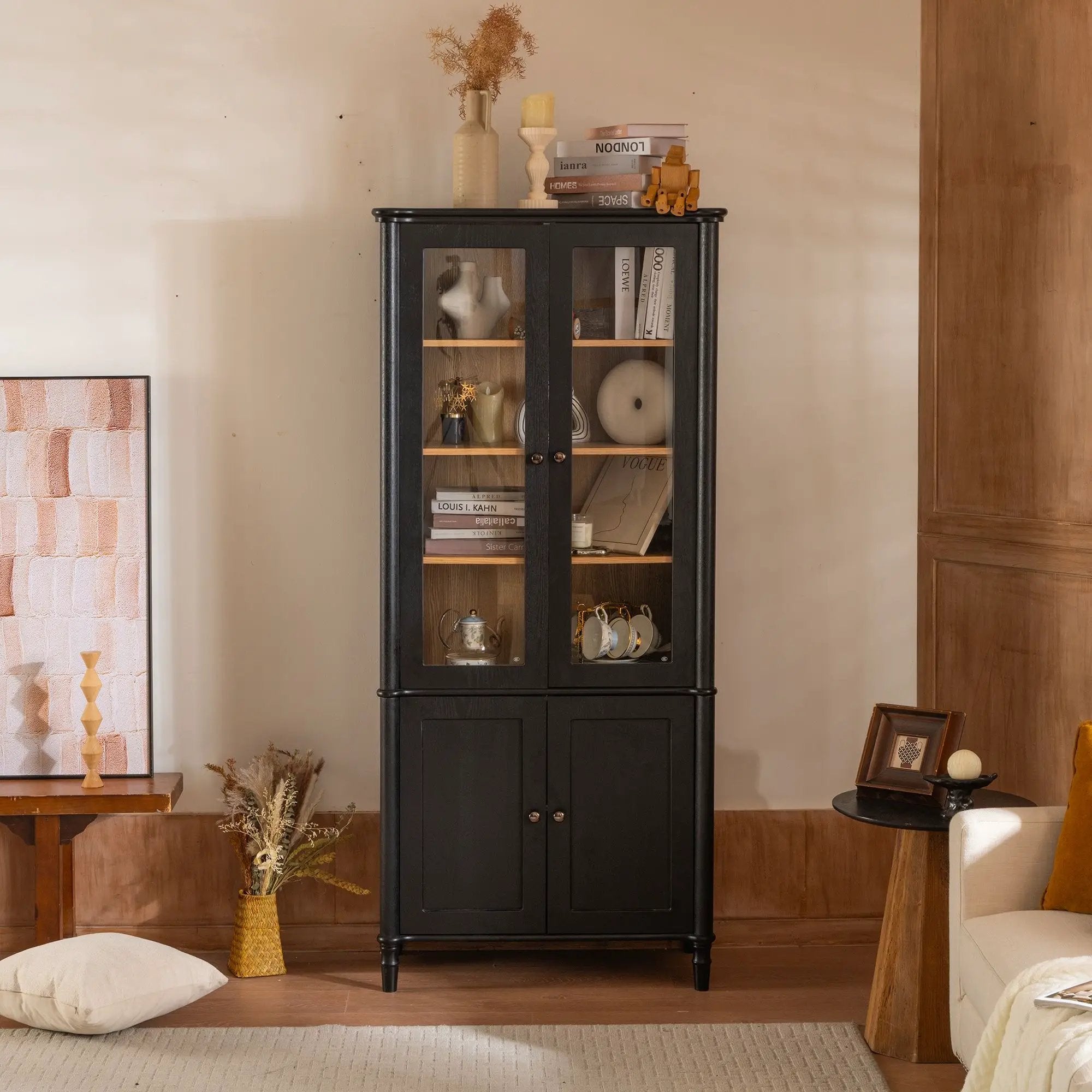Vintage Display Cabinet With Double Glass Doors, Traditional Style For Collectibles, Ash Wood Veneer, 73.25" Tall - Black / Natural by HouseOfZazla
