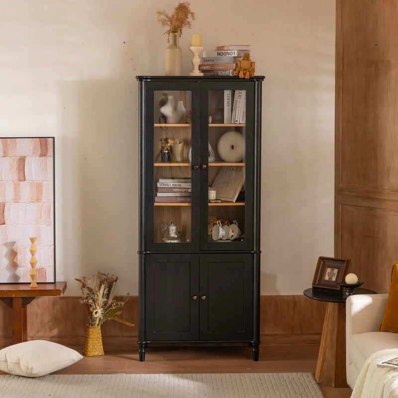 Vintage Display Cabinet With Double Glass Doors, Traditional Style For Collectibles, Ash Wood Veneer, 73.25" Tall - Black / Natural by HouseOfZazla