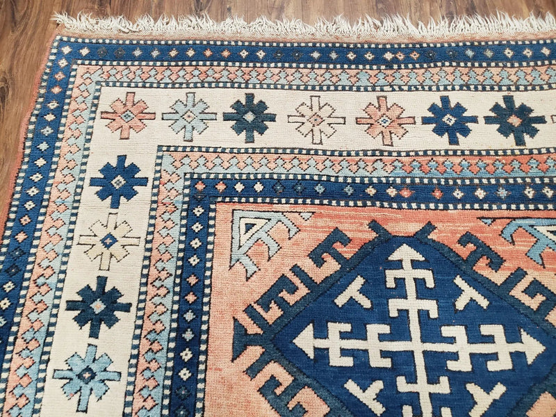 Turkish Kazak Rug 5x8 ft, Bold Geometric Bohemian Carpet, Blue and Ivory Hand Knotted Area Rug, Medium Sized High Quality Wool Oriental Rug by Jewel Rugs