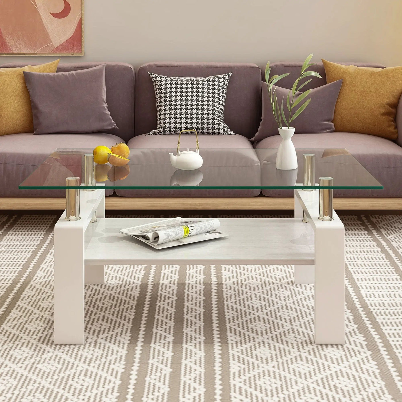 Modern Rectangular Coffee Table With Tempered Transparent Glass Top And Storage Shelf by HouseOfZazla