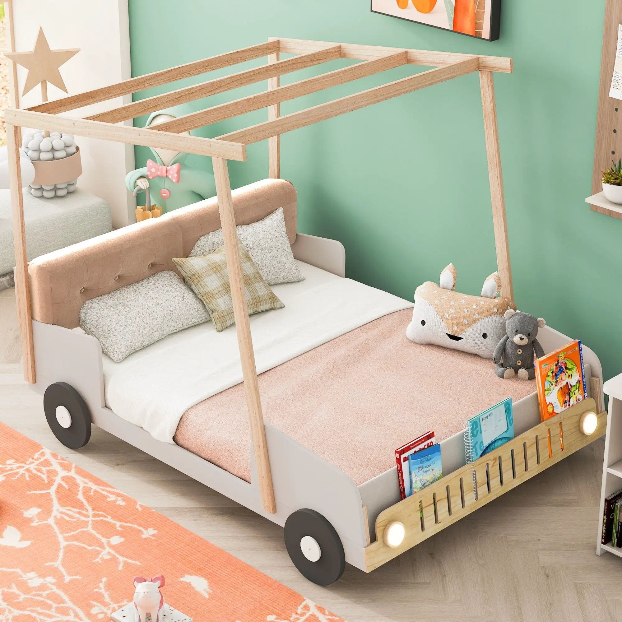 Twin Size Car Bed & Pillow, Ceiling Cloth And LED - Natural by HouseOfZazla