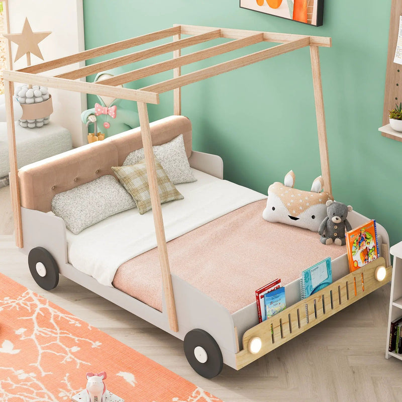 Twin Size Car Bed & Pillow, Ceiling Cloth And LED - Natural by HouseOfZazla