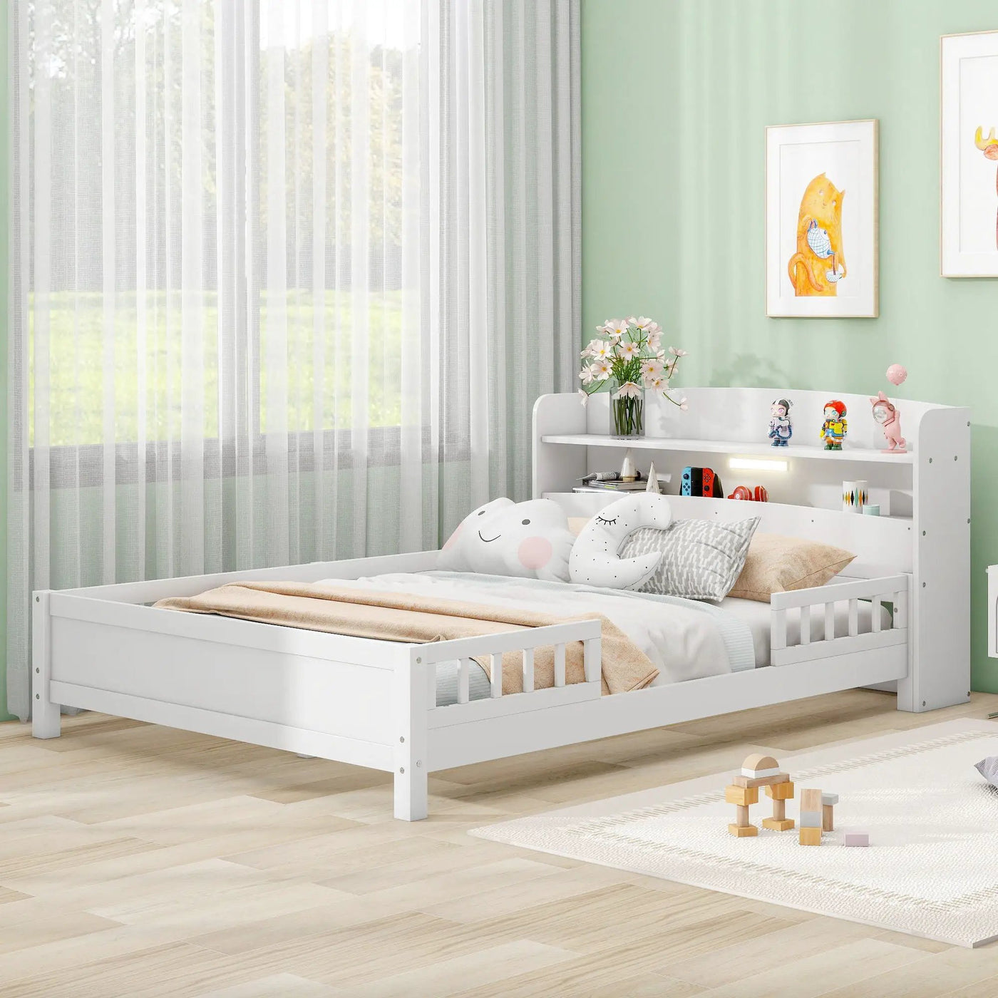 Wood Platform Bed With Built In LED Light, Storage Headboard And Guardrail by HouseOfZazla