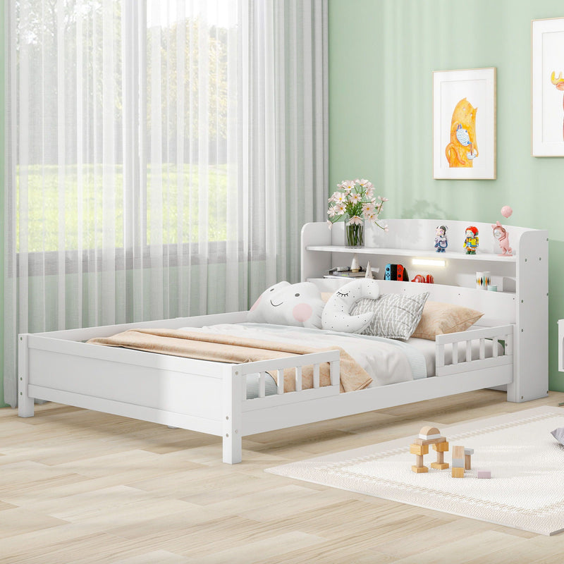 Wood Platform Bed With Built In LED Light, Storage Headboard And Guardrail by Unique Piece Furniture
