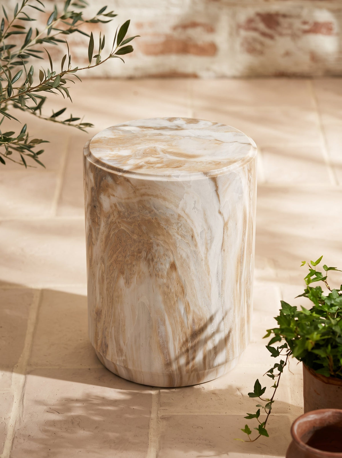 Marble-Look Stool Accent Table with Swirling Stone Finish - Beige, Green, or Black, photo 9 of 10