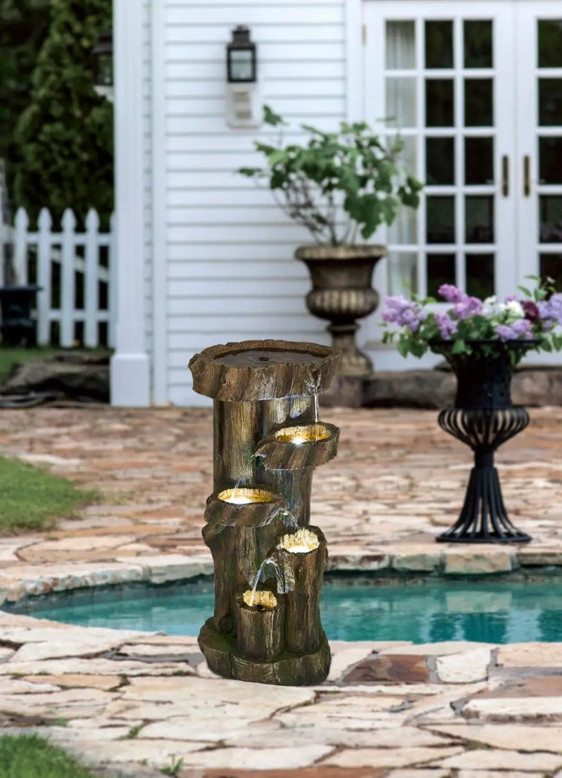 Rustic Decorative Tree Trunk 5 Tier Water Fountain, With Light And Pump, For Indoor And Outdoor - Brown by HouseOfZazla