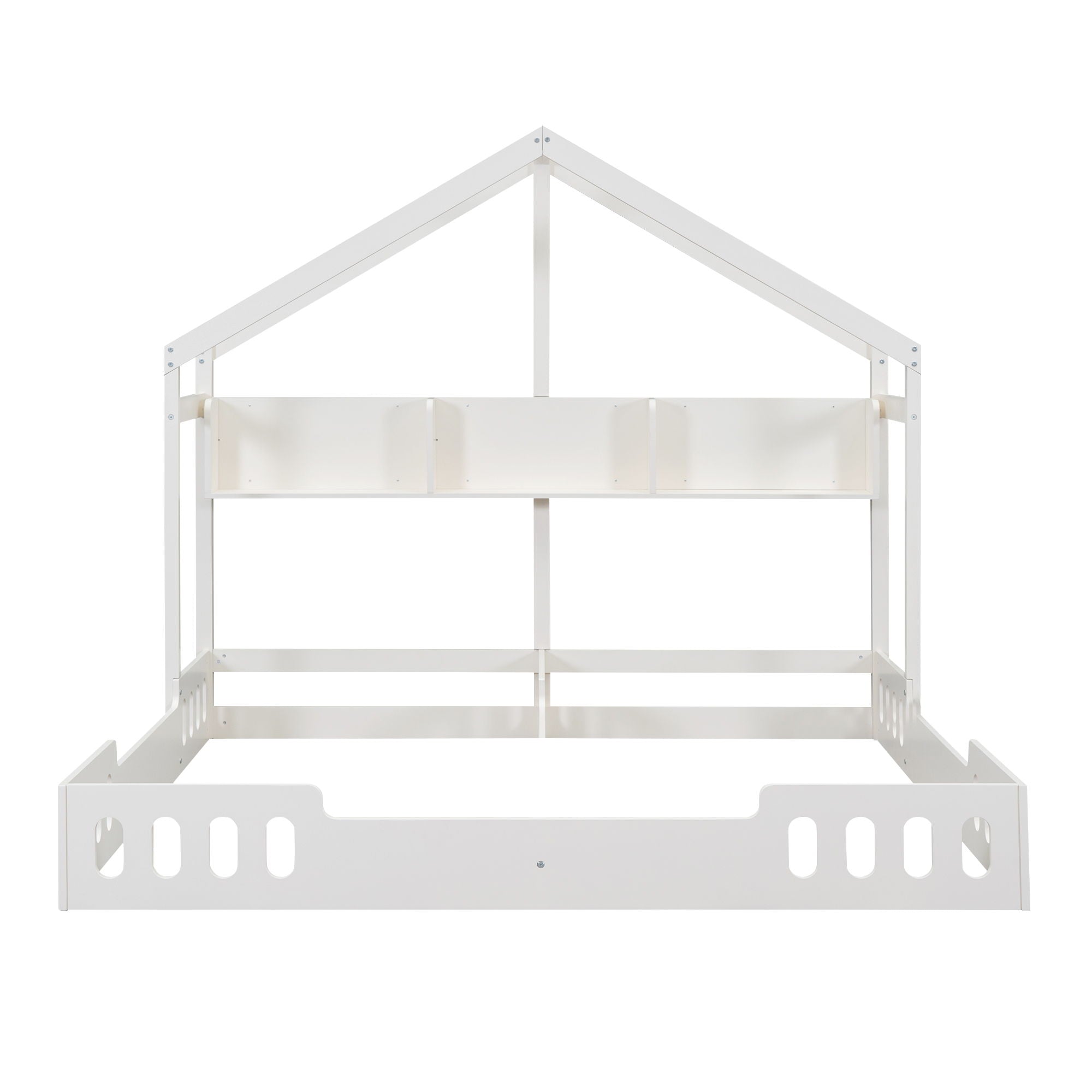 Twin Size Platform Bed With Shared Design, Guardrails, And Built In Shelves - Creamy White by HouseOfZazla