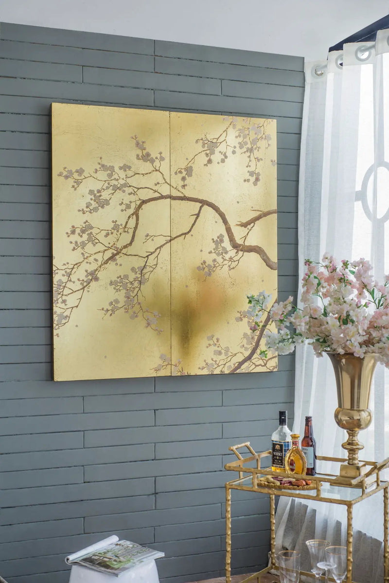 Cherry Blossom Wall Art Panels, Wall Decor For Living Room Dining Room Office Bedroom (Set of 2) - Gold by Unique Piece Furniture
