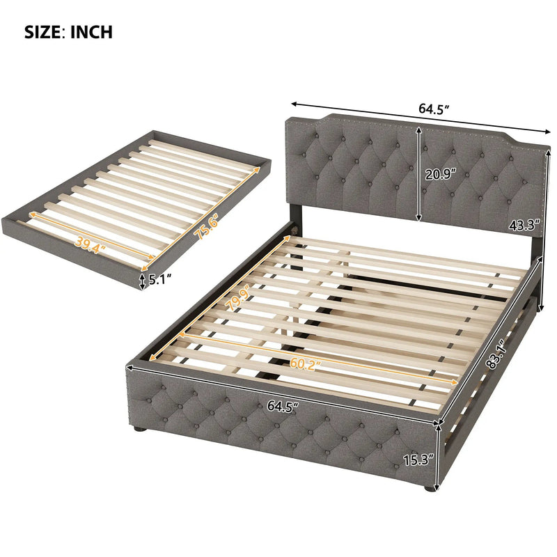 Upholstered Platform Bed With Trundle And 2 Sets Of USB Ports On Each Side, Fabric by HouseOfZazla