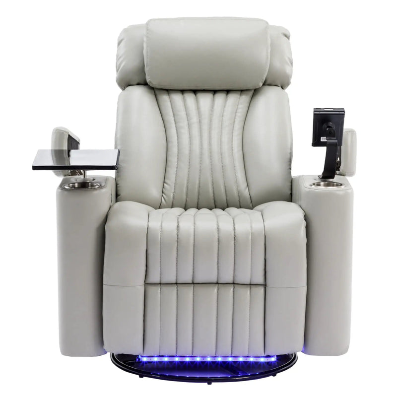 270° Power Swivel Recliner Home Theater Chair With Hidden Arm Storage, LED Light, Cup Holder, And Tray Table by Unique Piece Furniture