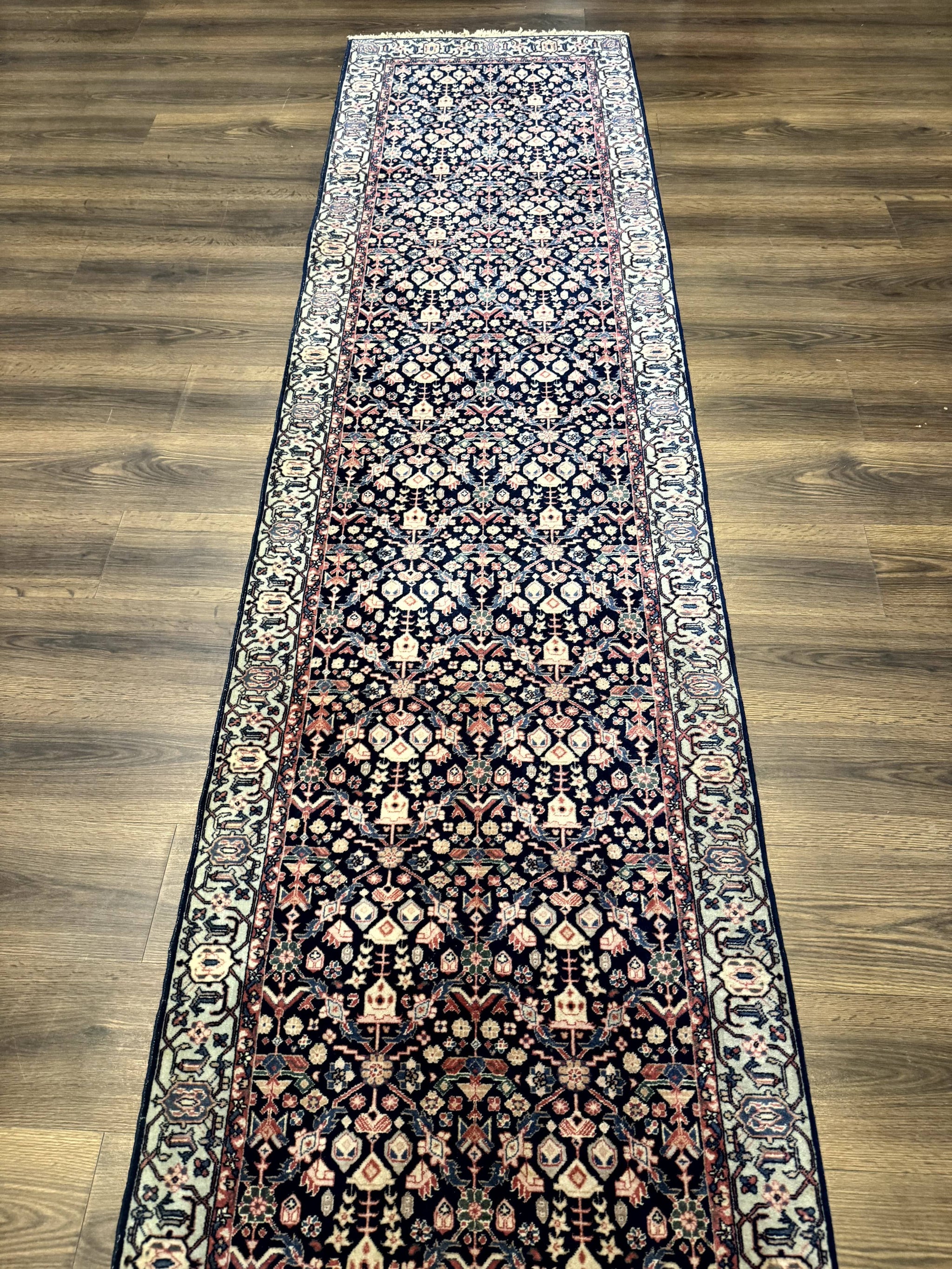 Indo Persian Runner Rug 2.8 x 12, Navy Blue, Floral, Fine 270 KPSI by Jewel Rugs