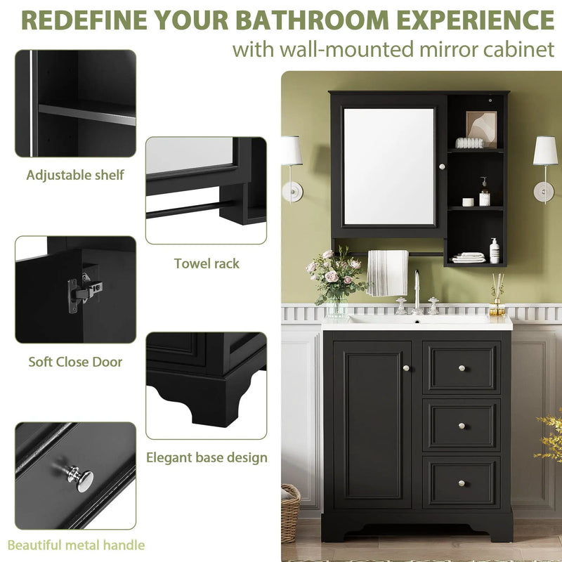 Bathroom Vanity With Sink, Modern Elegant Bathroom Storage Cabinet With 3 Drawers And Adjustable Shelves, Freestanding Vanity Set With Mirror Cabinet, Single Sink Bathroom Vanity by HouseOfZazla