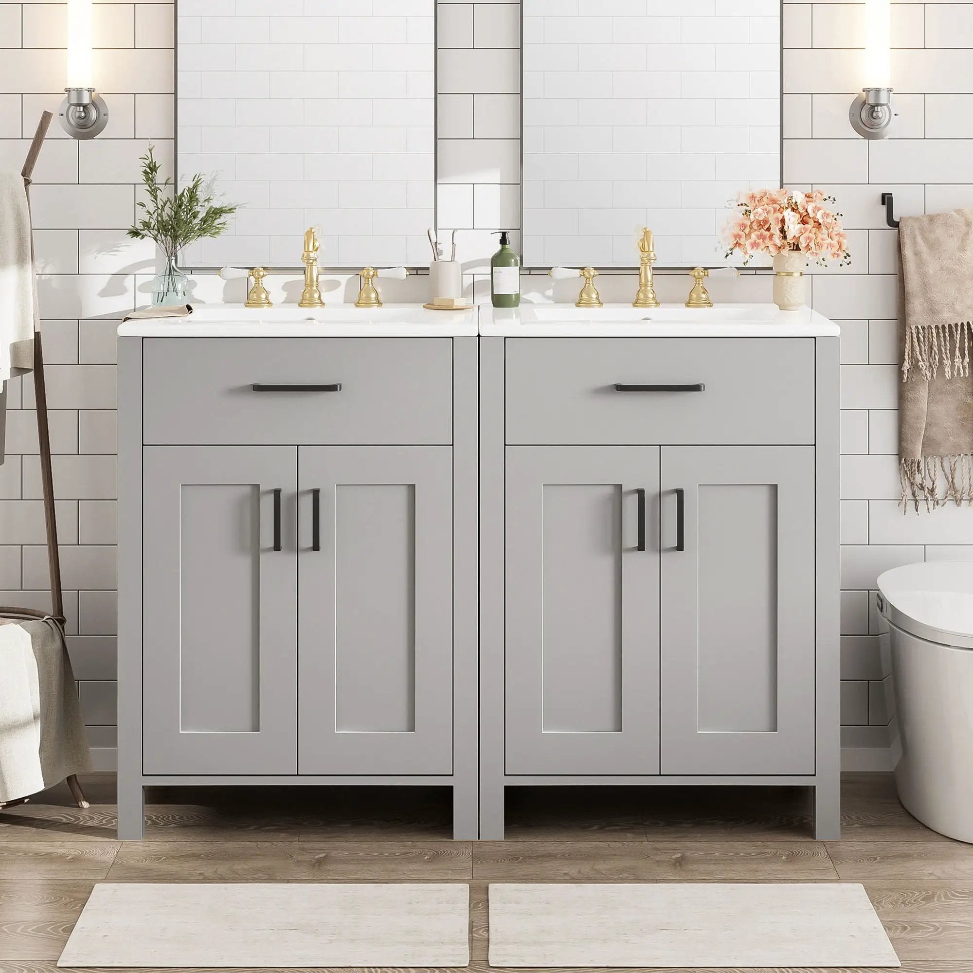 Bathroom Vanity With Ceramic Sink, Soft Close Doors, Flip Drawer, Double Layer Door Shelves by HouseOfZazla