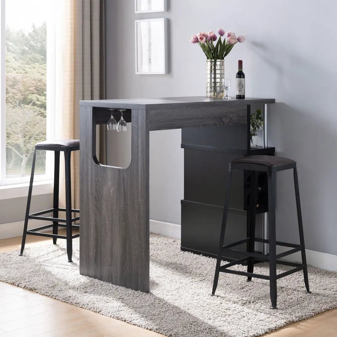 Home Bar Table With Wine Glass Compartment And Three Shelves - Distressed Gray / Black by HouseOfZazla