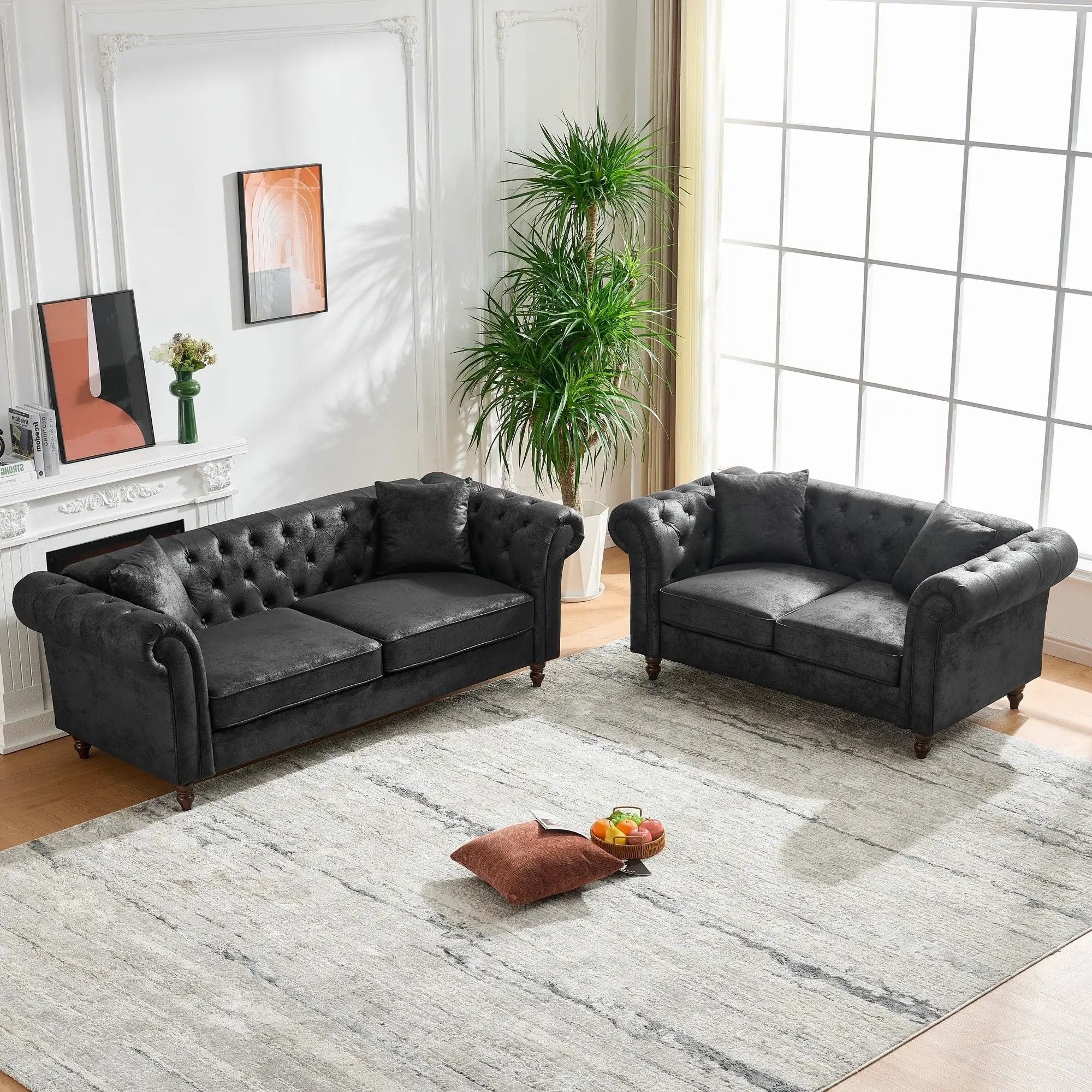 Chesterfield 3 And 2 Seater Sofa Set, High Tech Fabric Upholstered Couch For Living Room by Unique Piece Furniture