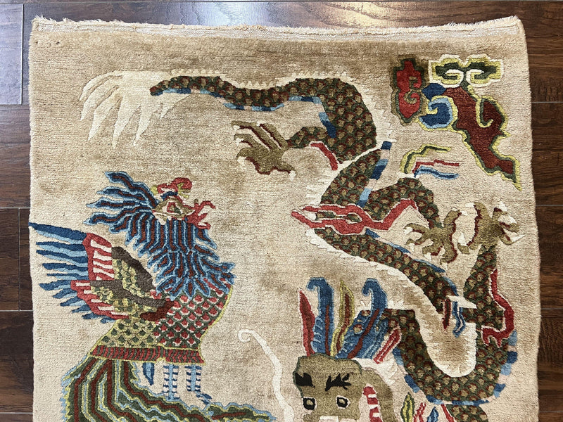 Antique Chinese Peking Rug 3 x 5.6, Dragon Motifs, Handmade Wool Asian Oriental Carpet by Jewel Rugs