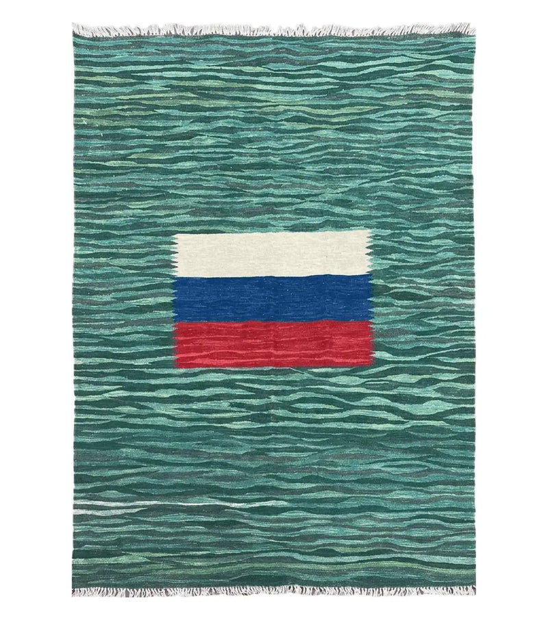 Sea Green Kilim Area Rug, White Blue Red Stripes, Russian Flag Rug, Flatweave Hand Knotted Carpet, Turkish Carpet, Wool, New, 5' 6" x 7' 10" by Jewel Rugs