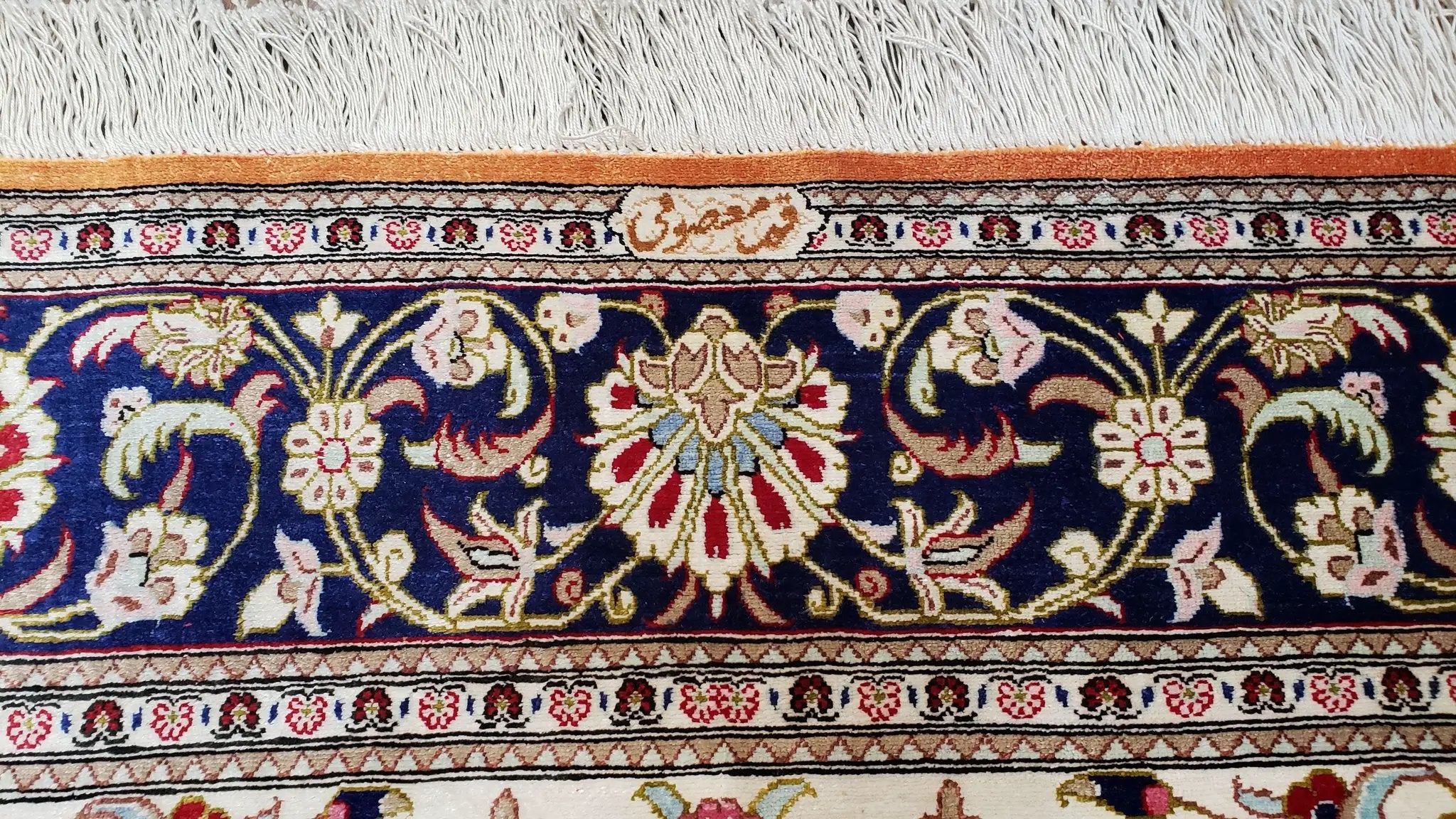 Vintage Persian Qum Silk Rug 4.6 x 6.7, Burnt Orange and Navy Blue, Antique Oriental Very Fine Signature Master Weaver 350+ KPSI Ghom Qom 5x7 Rug by Jewel Rugs