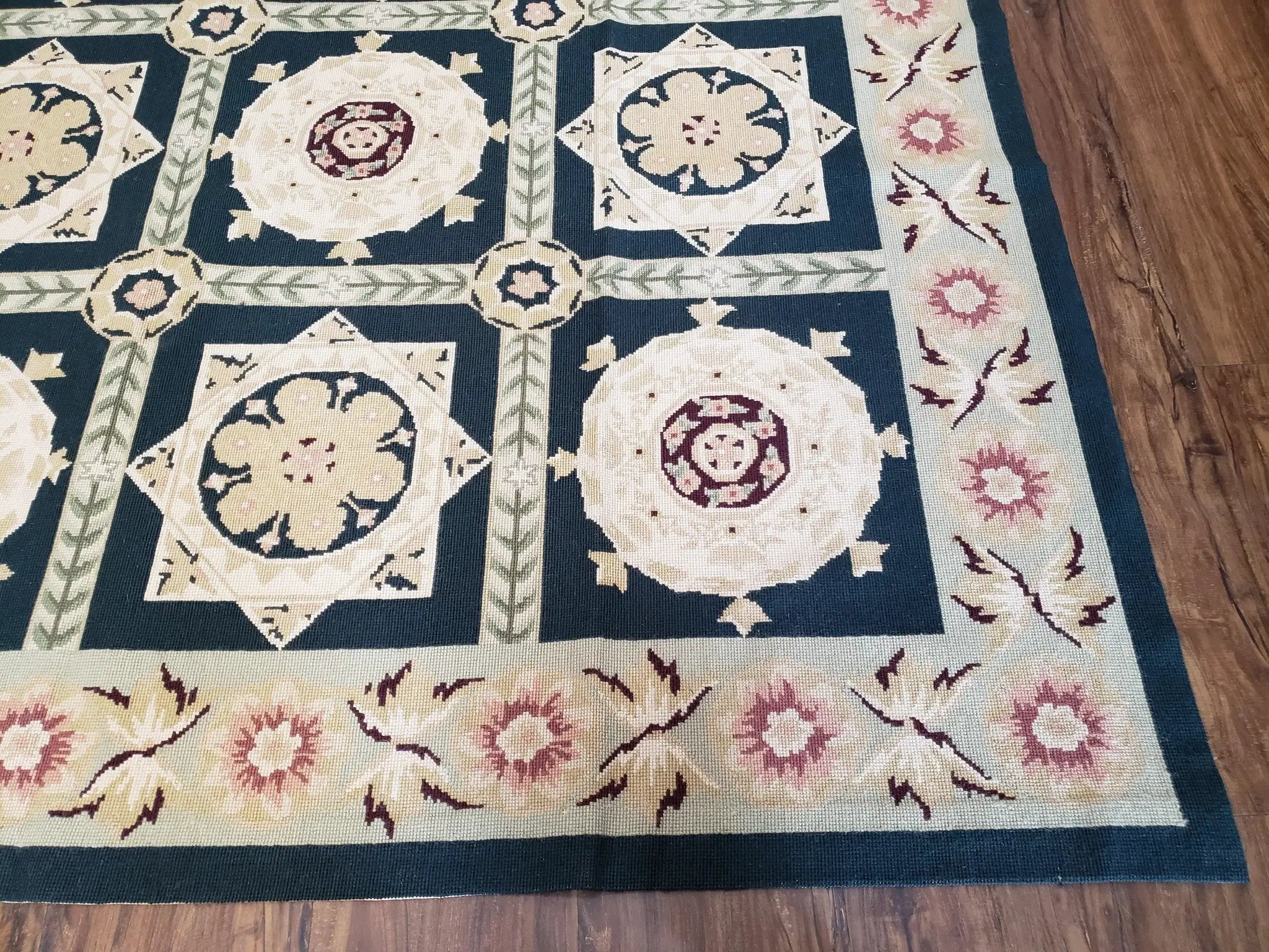 Vintage Chinese Needlepoint Rug 6x9, Panel Design Area Rug Wool Hand-Woven Black & Ivory Carpet Flat Weave Bedroom Rug 6 x 9 Living Room Rug by Jewel Rugs