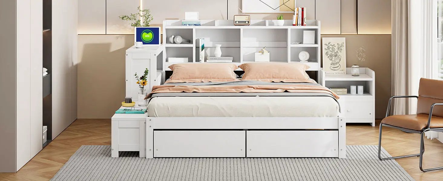 Platform Bed With Multi Functional Storage Space, Nightstand, 2 Drawers, USB Ports And Desk by HouseOfZazla