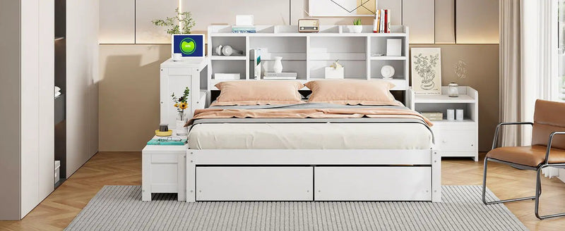 Platform Bed With Multi Functional Storage Space, Nightstand, 2 Drawers, USB Ports And Desk by HouseOfZazla