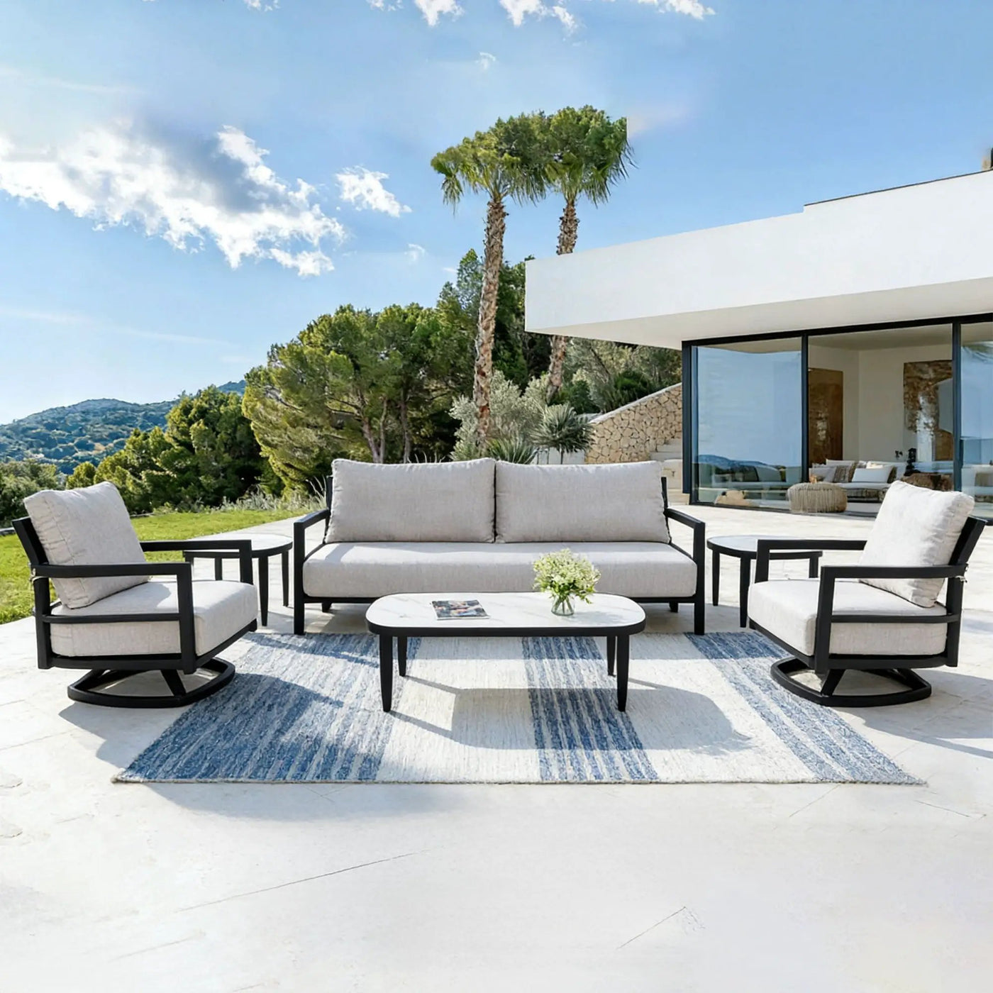 Outdoor Conversation Set With Chairs, Bench Sofa, Tables, Sunbrella Cushions by HouseOfZazla
