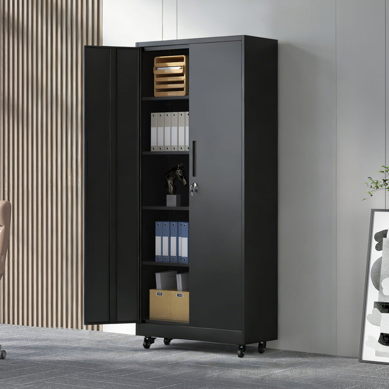 Storage Cabinet With Wheels And Lock, 4 Adjustable Shelves, 3 Point Locking Security, For Tool Organization In Garage - Black by HouseOfZazla